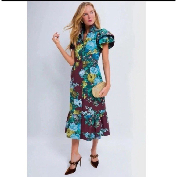 Flowers Dresses & Skirts - Tuckernuck Oxblood Verdant Alice Dress XS Floral Ruffles Merlot Preppy Classic
